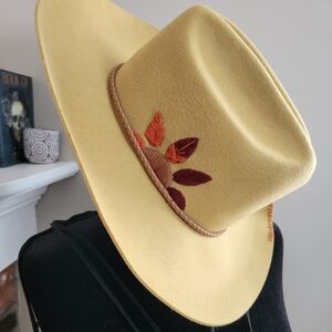 Elegant Mustard Wide-Brim Hat with Leaf Embroidery